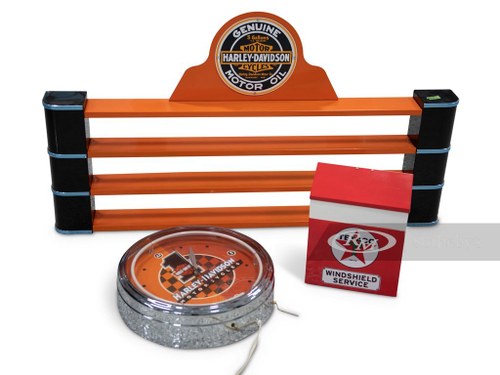 Harley-Davidson Oil Can Display and Clock and Texaco Windshi For Sale by Auction
