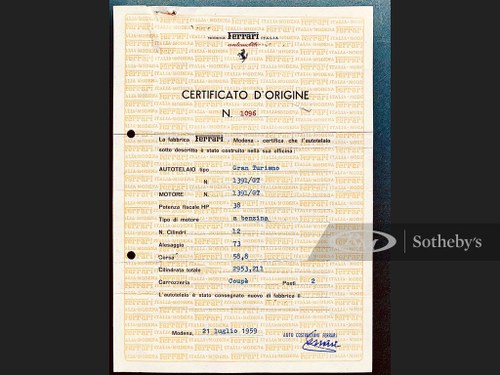 Ferrari 250 Pinin Farina Coupe Certificate of Origin, Chassi In vendita all'asta