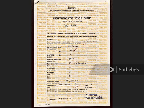 Ferrari 365 GTB4 Certificate of Origin, Chassis No. 14281 For Sale by Auction