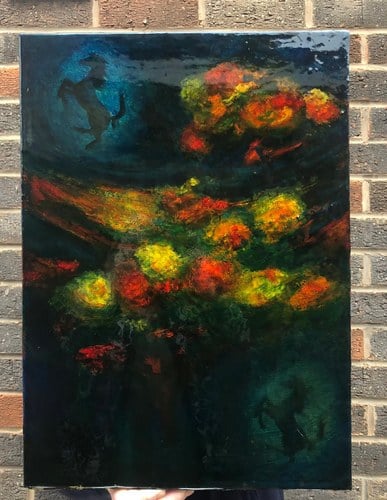 Certified Chris Rea Ferrari inspired painting "Cavallino Rampante In Inferno" à venda (imagem 2 de 6)