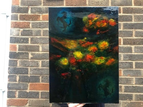 Certified Chris Rea Ferrari inspired painting "Cavallino Rampante In Inferno" à venda (imagem 1 de 6)