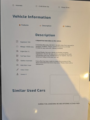 1990 Mercedes-Benz 500SEC C126 till salu (bild 208 av 226)