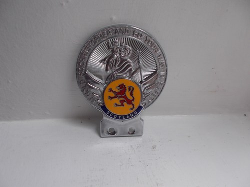 1950 SCOTLAND ST CHRISTOPHER CHROME ON BRASS AND ENAMEL CAR BADGE For Sale